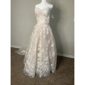 MONIQUE LHUILLIER WEDDING DRESS W VEIL FLORAL‎ EXC CONDITIONLACE XXS CORSETTE